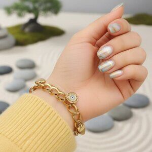 Double Chain 18K Gold Plated Stainless Steel Bracelet with Heart Evil Eye